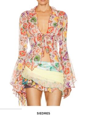 SIEDRÉS Floral Sheer Tie-Front Top in Green, Coral & Lavender